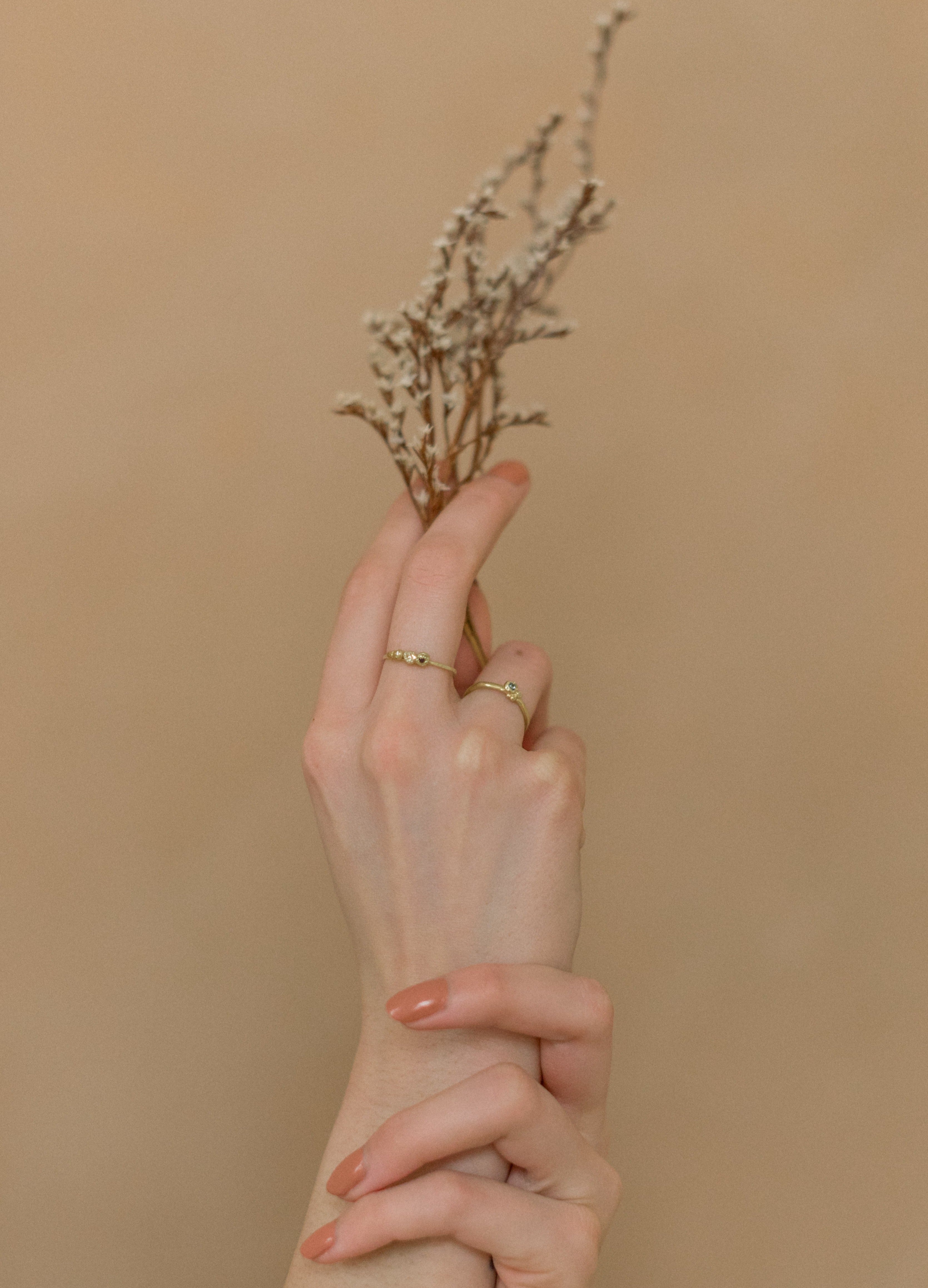 Flowermoon tiny gold nuggets ring  and colored diamond sequence