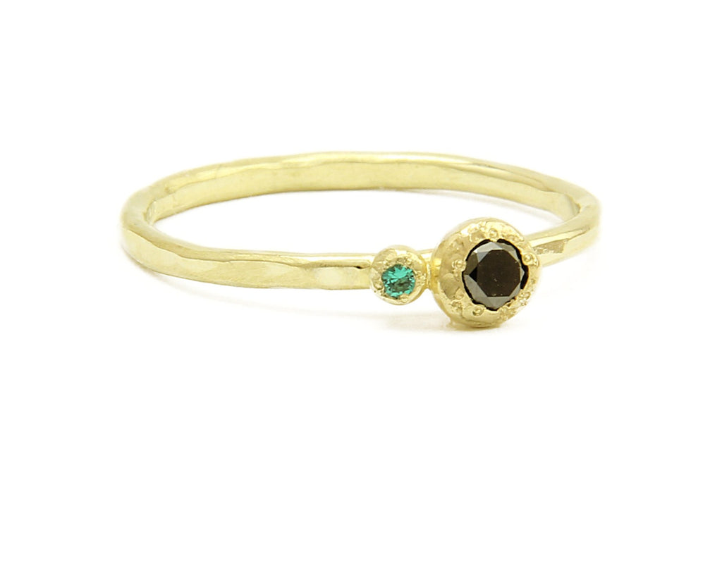 Double gold nugget ring with black diamond and emerald