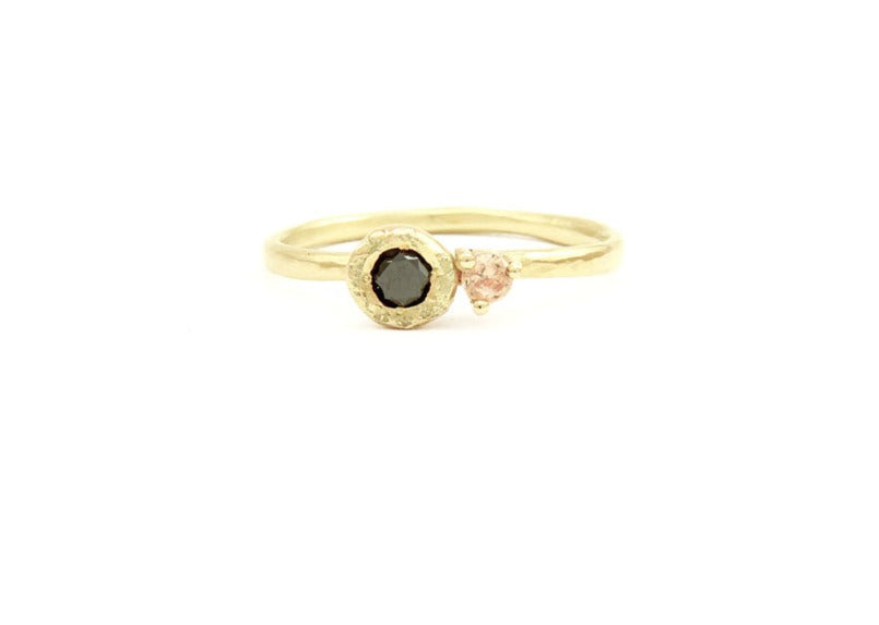 Gold nugget ring with black diamond pink topaz