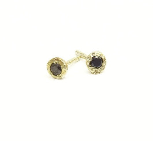 Tiny gold nugget earrings with black diamonds