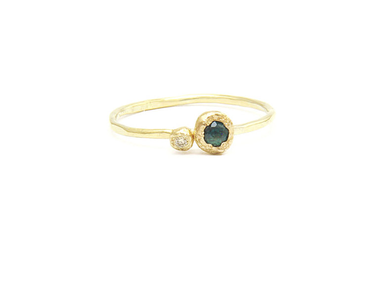 Flowermoon double gold nuggets ring with turquois sapphire and diamond