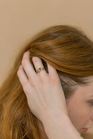 Flowermoon double gold nuggets ring with turquois sapphire and diamond