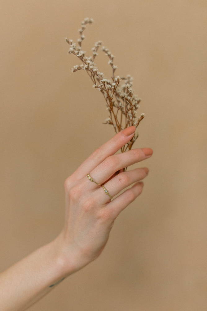 Flowermoon tiny gold nuggets ring  and colored diamond sequence